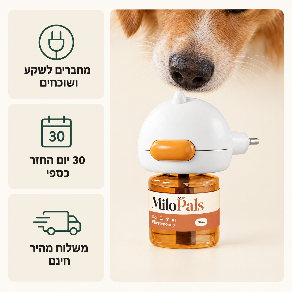MiloPals Phero מפיץ פרומונים לכלבים להרגעת סטרס ולהפחתת נביחות, הרס ופספוסים בבית החל מהשבוע הראשון